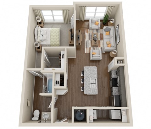 Floor plan for 1 bed, 1 bath, 805 sqft